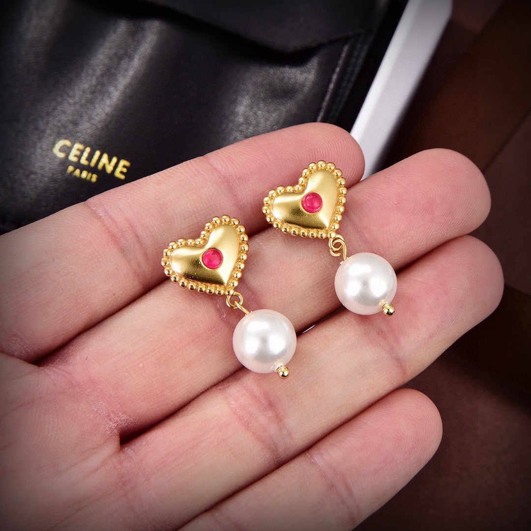 18K Celine Heart Pearls Earrings
