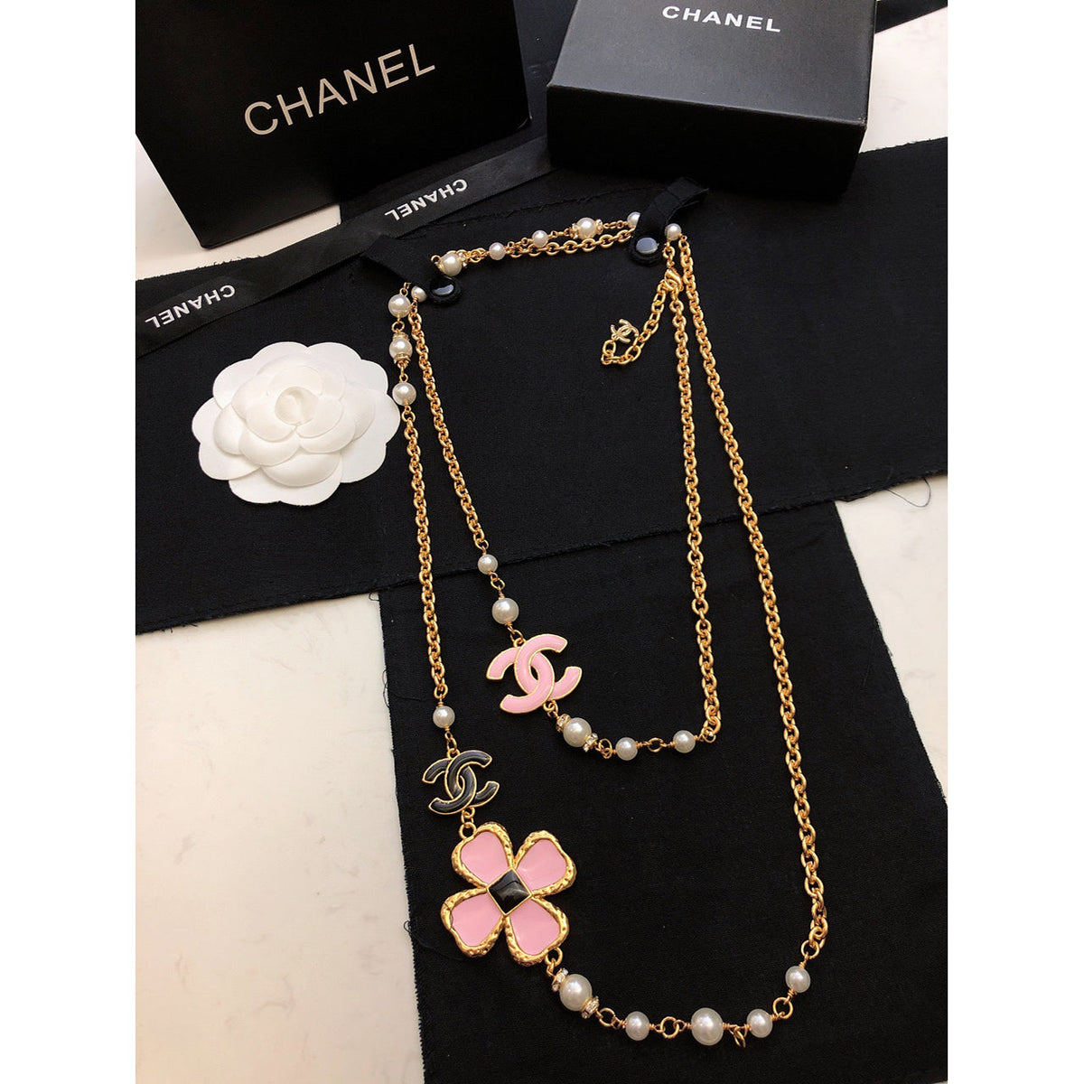 18K  Chanel Pink Flowers Necklace