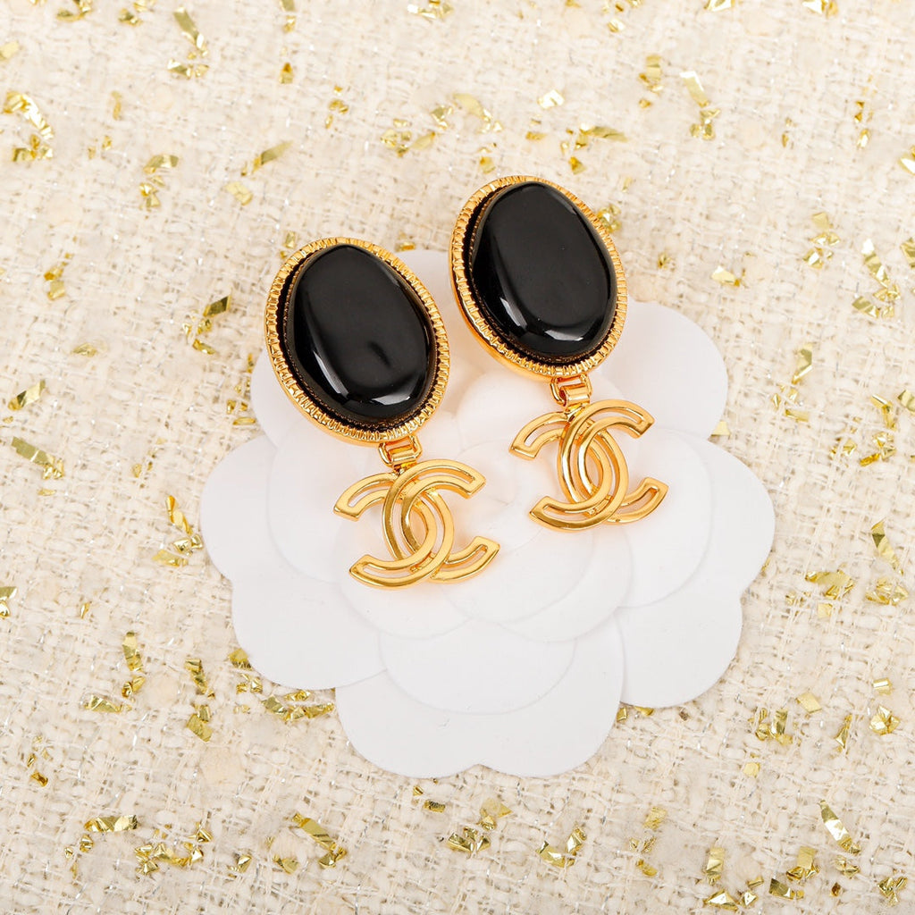 18K  Chanel Black Crystal Pendant Earrings