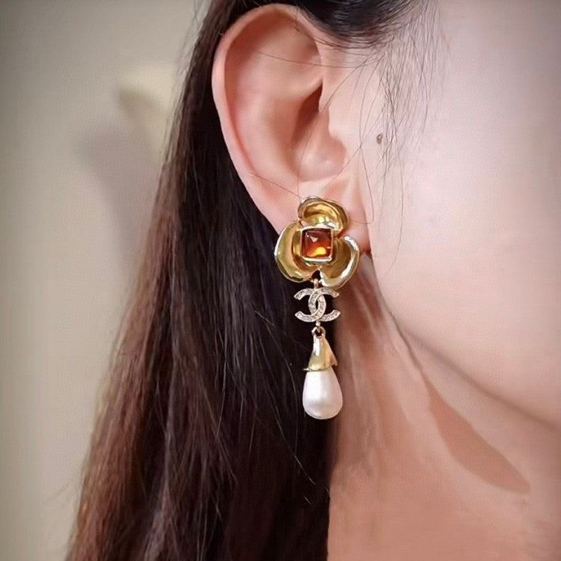 18K  Chanel Camellia Pearl Earrings